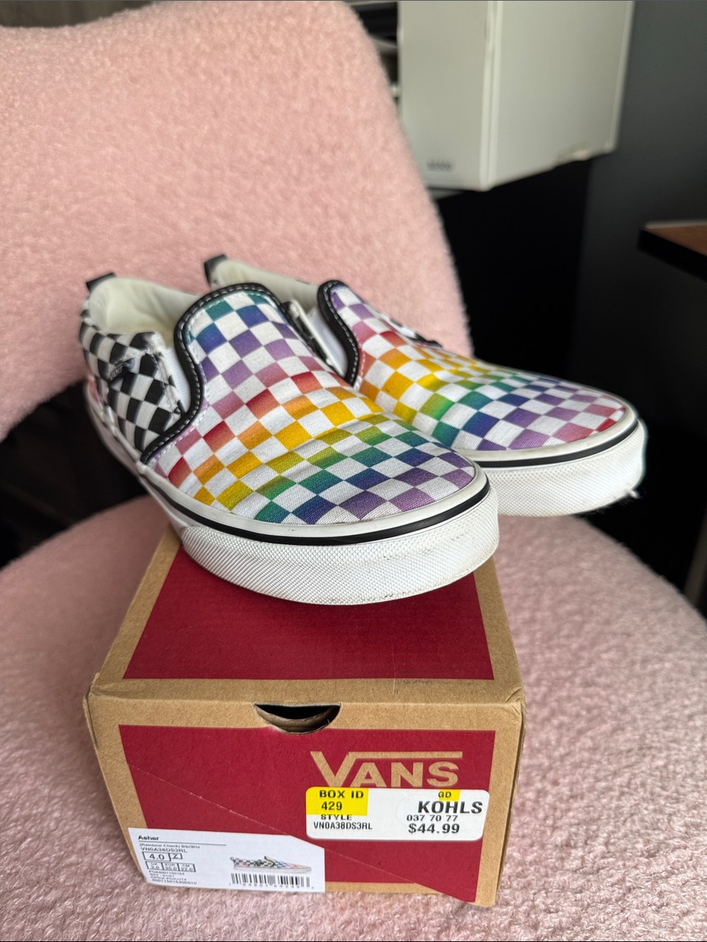 Vans Kids Slip-On Checkerboard Rainbow Canvas Sneakers - Black/White/Multicolor